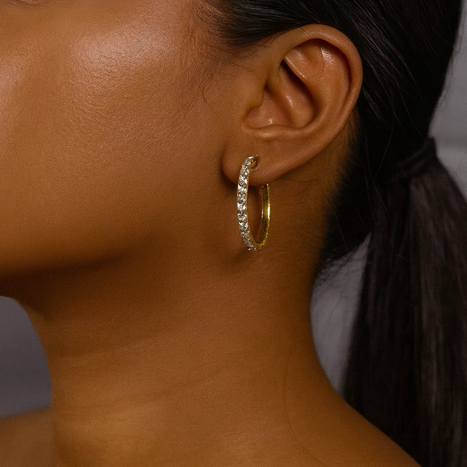 Tennis Chain Hoop Earrings - Gold