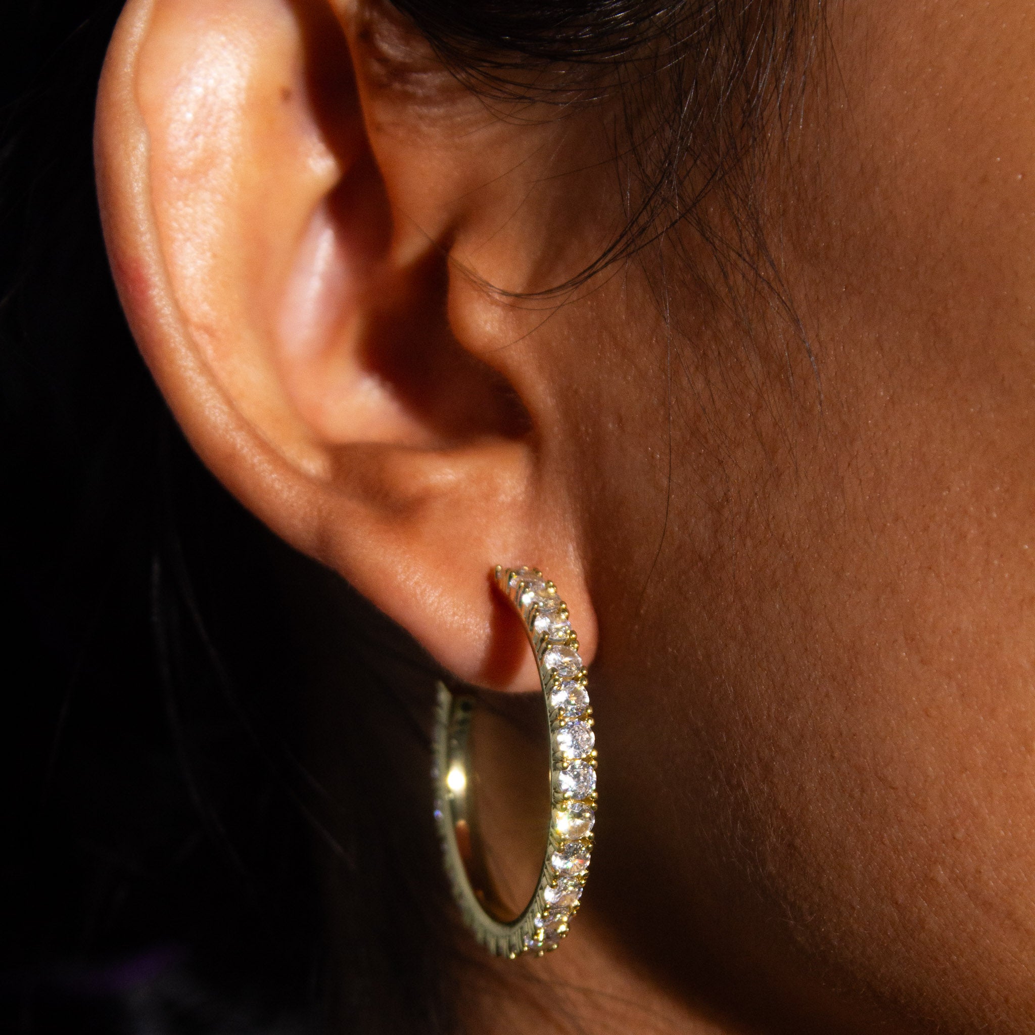 Tennis Chain Hoop Earrings - Gold