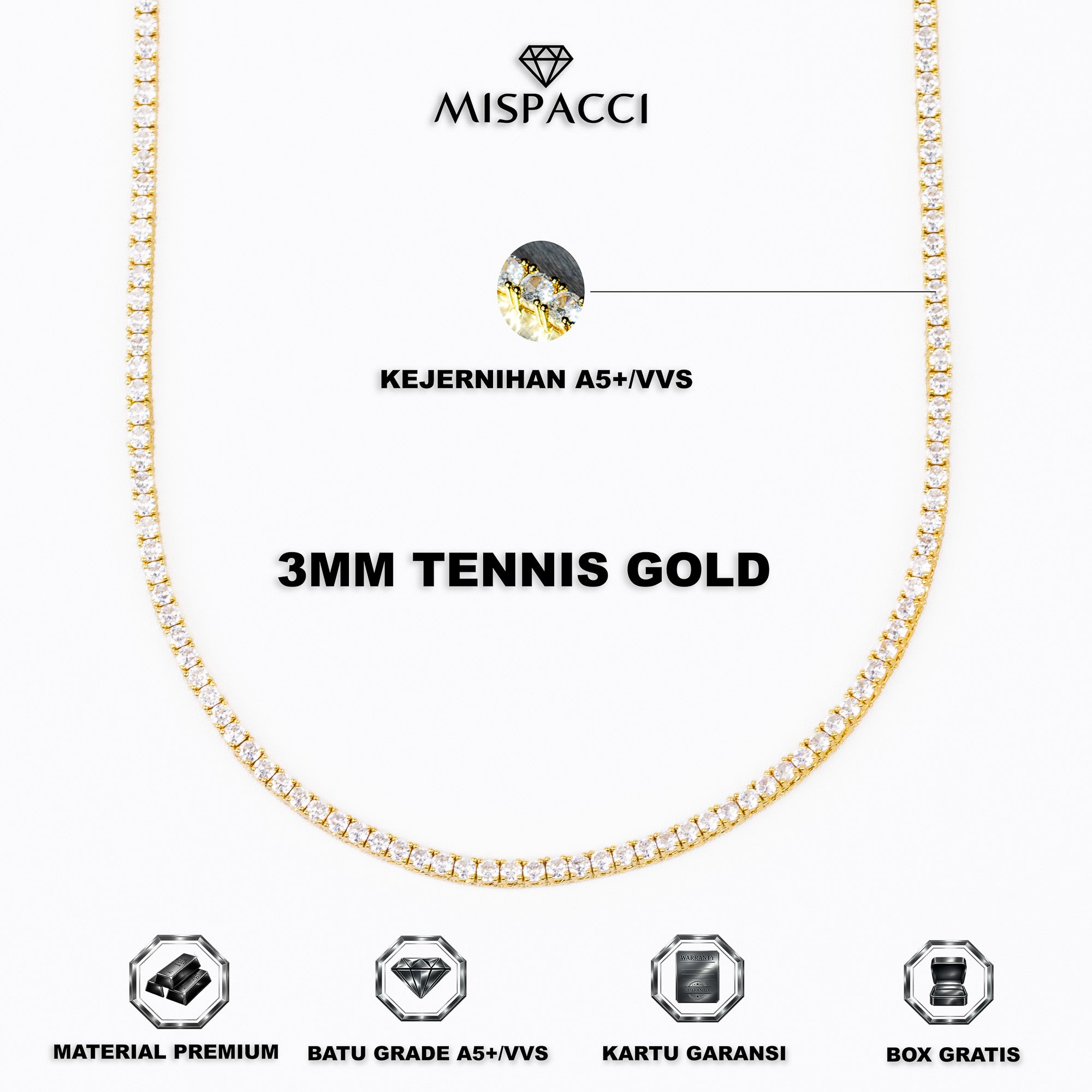 3mm Tennis Chain - Gold