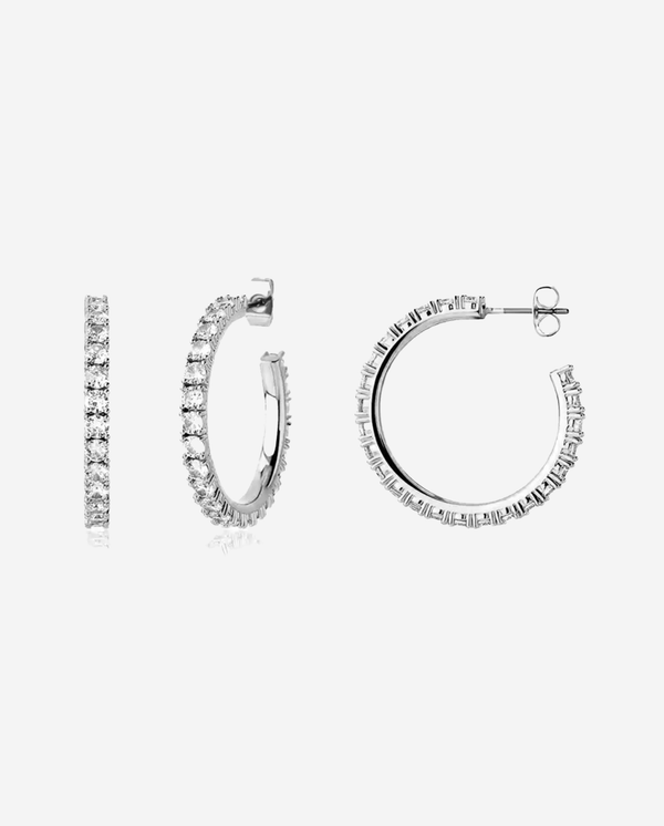 Tennis Chain Hoop Earrings - White Gold