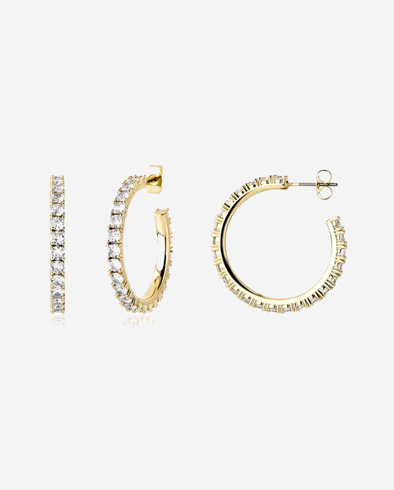 Tennis Chain Hoop Earrings - Gold